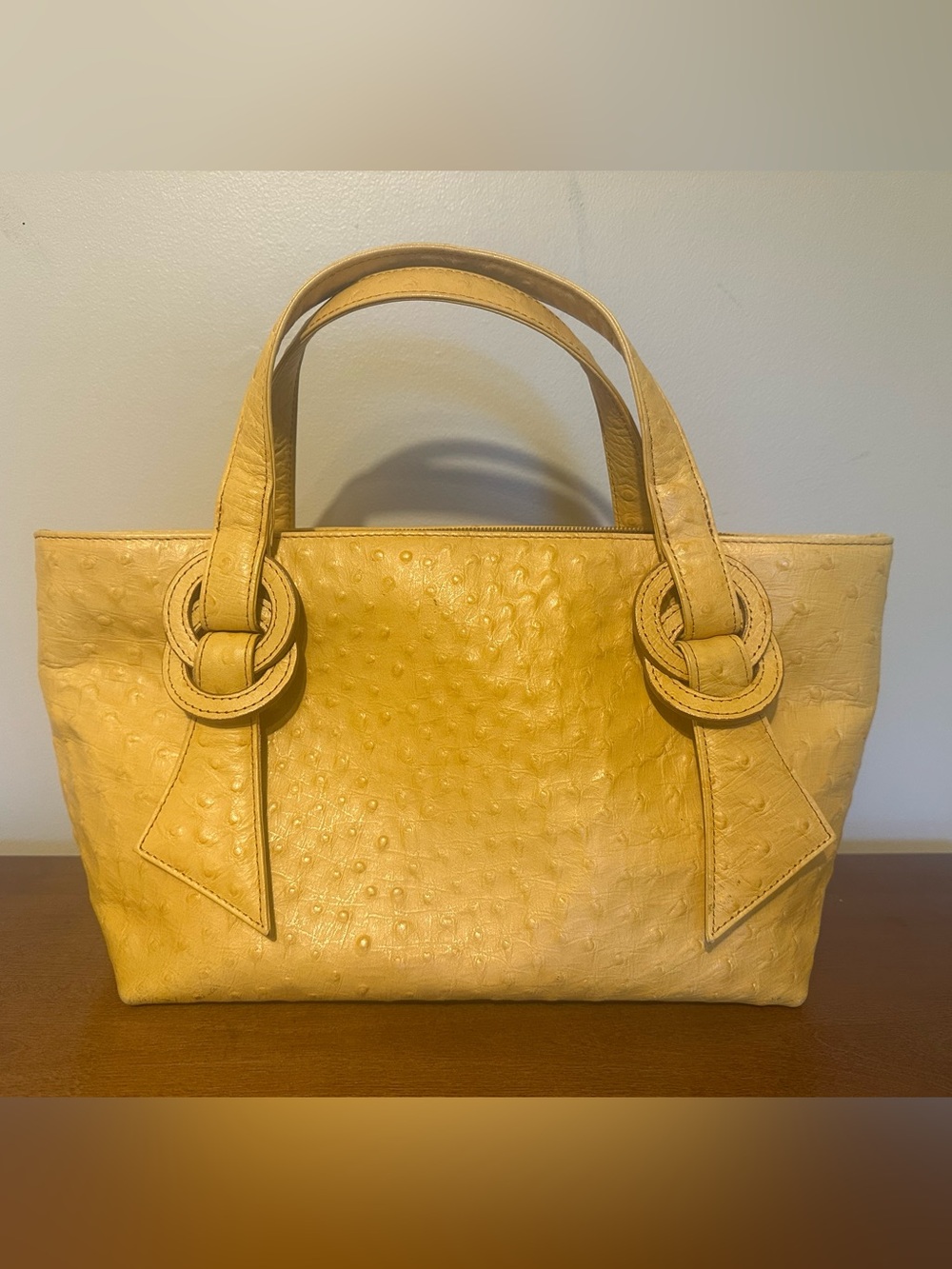 Yellow genuine Ostrich-Texture Tote with Knot-Detail Handles